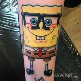 Tattoo Spongebob in glasses on the forearm motif: characters style: cartoon / comic book