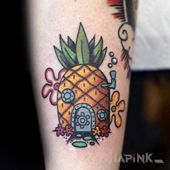 Tattoo Dom z ananasa in other motif and cartoon / comic book style on the forearm