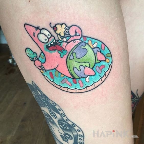 Tattoo Patryk z lodami ? in colorful motif and cartoon / comic book style on the leg