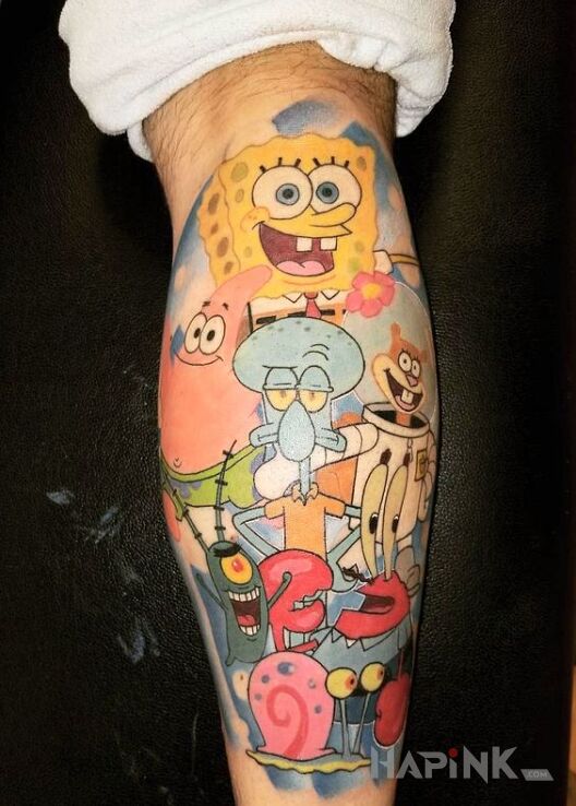 Tattoo Bohaterowie z bajki in colorful motif and cartoon / comic book style on the calf