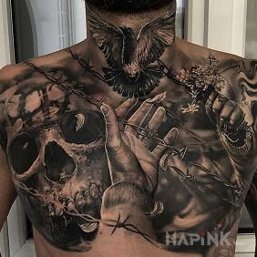 Tattoo Behind the barbed wire on the chest motif: black and gray style: realistic