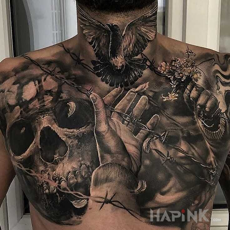 Tattoo Za drutem kolczastym in animals motif and realistic style on the chest