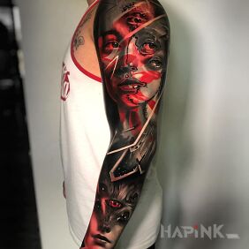Tattoo So many eyes that you can see everything on the upper arm motif: 3D style: surrealistic