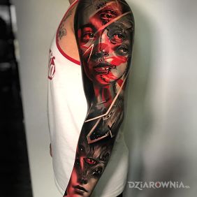Tatuaż Tyle oczu, że widać wszystko na ramieniu motyw: twarze styl: surrealistyczne