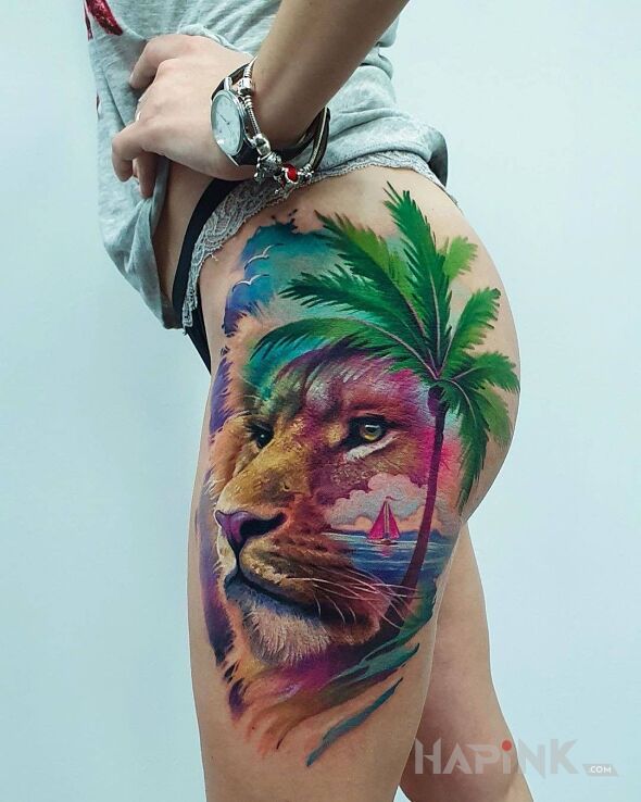 Tattoo Lew pod palmą in 3D motif and Watercolor style on the leg