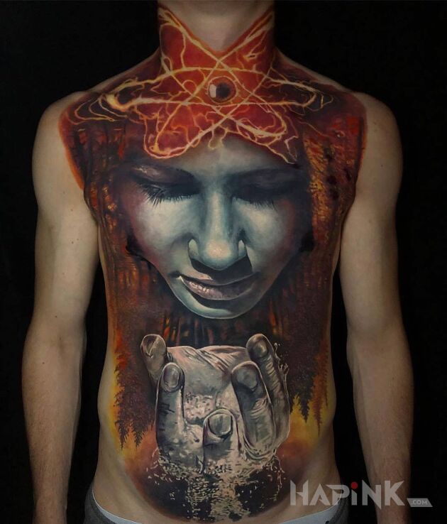 Tattoo 8 cud świata in 3D motif and realistic style on the neck