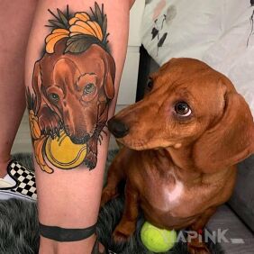 Tattoo Dachshund on the calf motif: animals style: neo-traditional