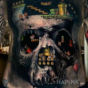 Tattoo Mario ? on the chest motif: 3D style: surrealistic