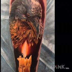 Tattoo Raven and candle on the forearm motif: 3D style: realistic