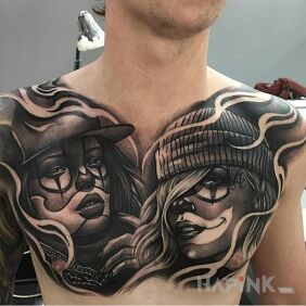 Tattoo Painted Girls on the chest motif: faces style: realistic