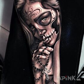 Tattoo Death makeup on the forearm motif: santa muerte style: realistic