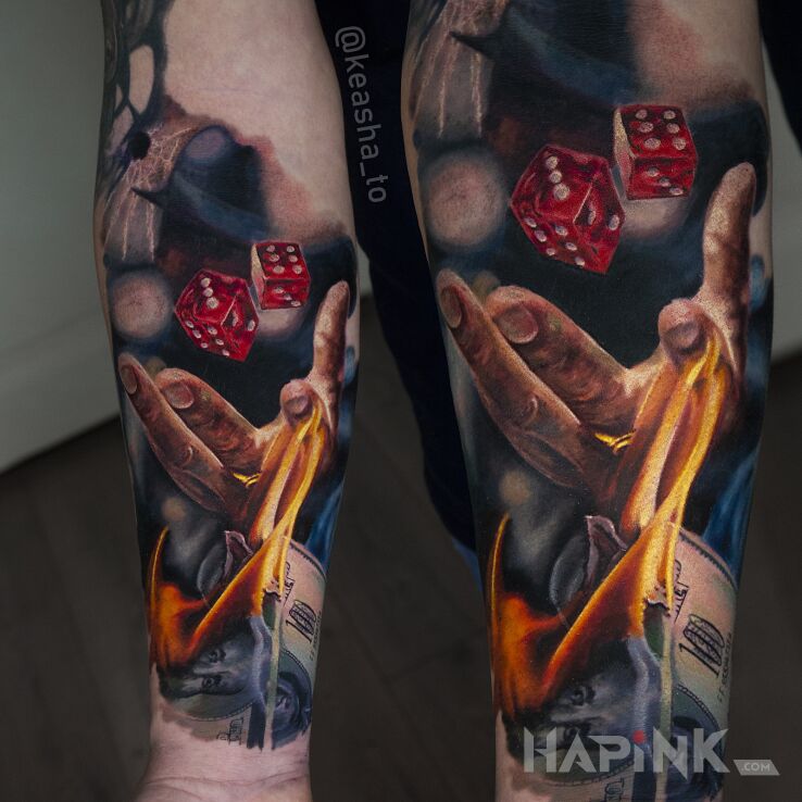 Tattoo Hazard in casino motif and realistic style on the forearm