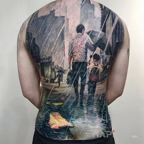 Tattoo City submerged in rain on the back motif: colorful style: realistic