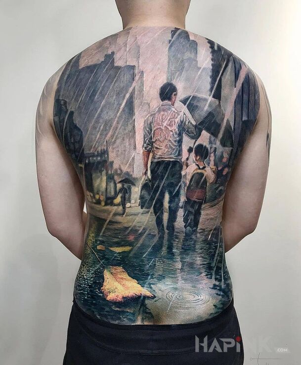 Tattoo Miasto pogrążone w deszczu in colorful motif and realistic style on the shoulder blades
