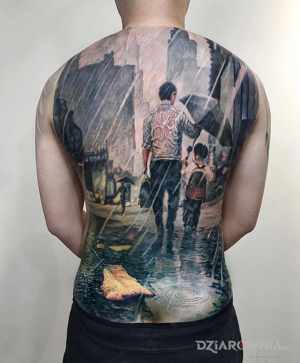 Tatuaż miasto pogrążone w deszczu w motywie postacie i stylu realistyczne na plecach