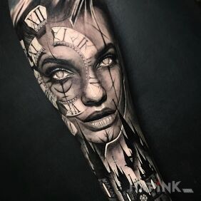 Tattoo Girl over the cathedral on the forearm motif: faces style: realistic