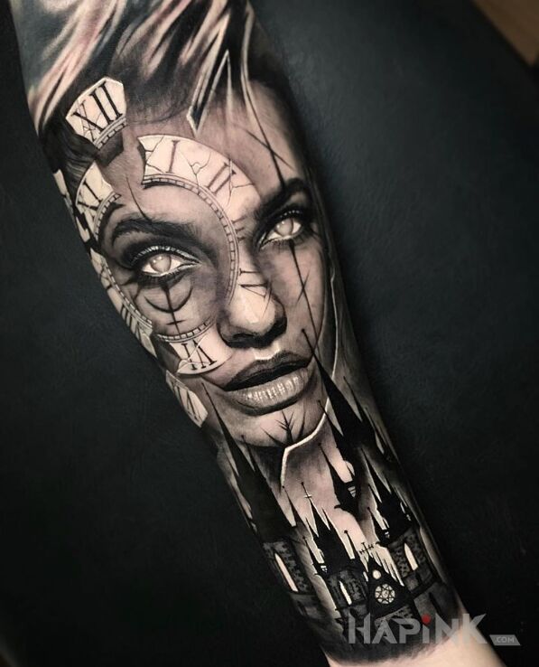 Tattoo Dziewczyna nad katedrą in 3D motif and realistic style on the forearm