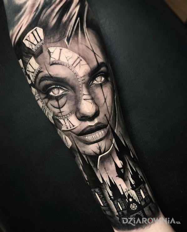 Tatuaż dziewczyna nad katedrą w motywie 3D i stylu realistyczne na przedramieniu
