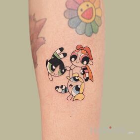 Tattoo Powerpuff Girls complete set on the forearm motif: colorful style: cartoon / comic book