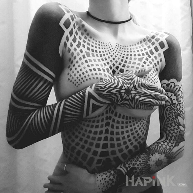 Tattoo Lubi czarny kolor in sleeves motif and blackwork / blackout style on the breast