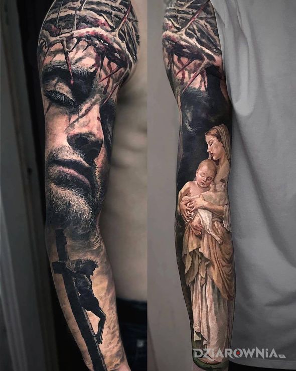 Tatuaż cierpienie chrystusa w motywie rękawy i stylu realistyczne na ramieniu