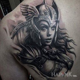 Tattoo Valkyrie from Valhalla on the shoulder blades motif: faces style: realistic