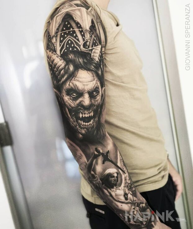 Tattoo Diabeł wcielony in dark motif and realistic style on the forearm