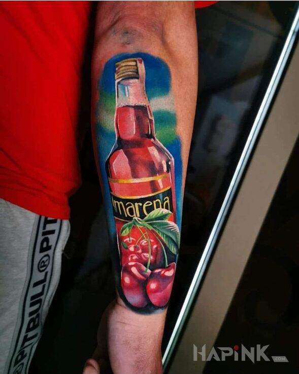 Tattoo Eeeee Amarena! in colorful motif and realistic style on the forearm