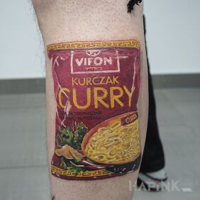 Tattoo Curry chicken on the calf motif: objects style: realistic