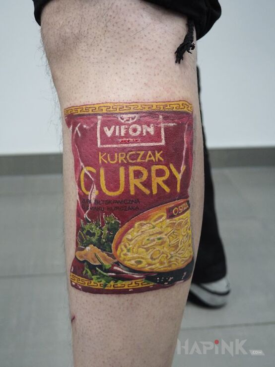 Tattoo Kurczak curry in 3D motif and realistic style on the calf
