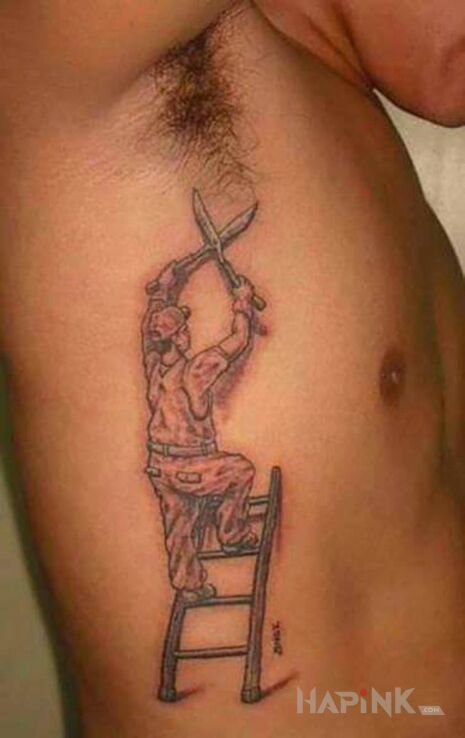 Tattoo Ogrodnik in funny motif and realistic style on the ribs