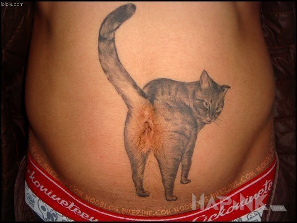 Tattoo Ciekawy kociak in black and gray motif and realistic style on the stomach