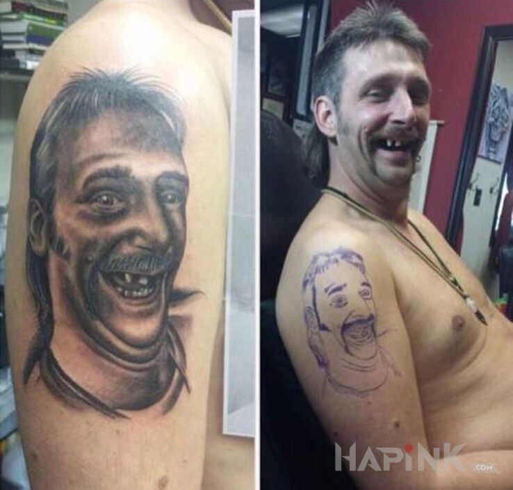 Tattoo Jeden do jeden in faces motif and realistic style on the upper arm