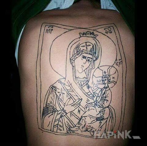 Tattoo Maryja i dzieciątko Jezus :) in characters motif on the back