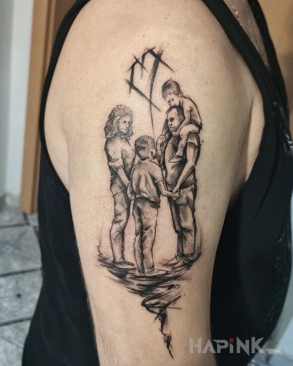 Tattoo Family in black and gray motif and realistic style on the upper arm