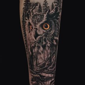 Tattoo Owl on the forearm motif: black and gray style: realistic