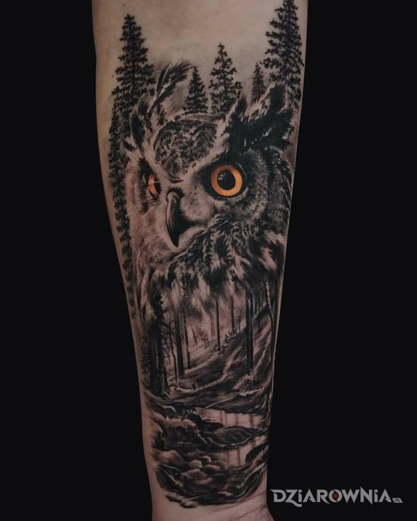 Tatuaż sowa w motywie czarno-szare i stylu realistyczne na przedramieniu
