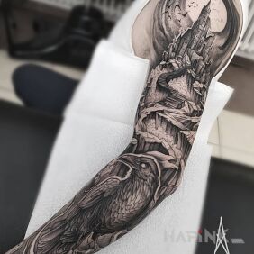 Tattoo Grim castle on the hill on the forearm motif: sleeves style: graphic / illustrative