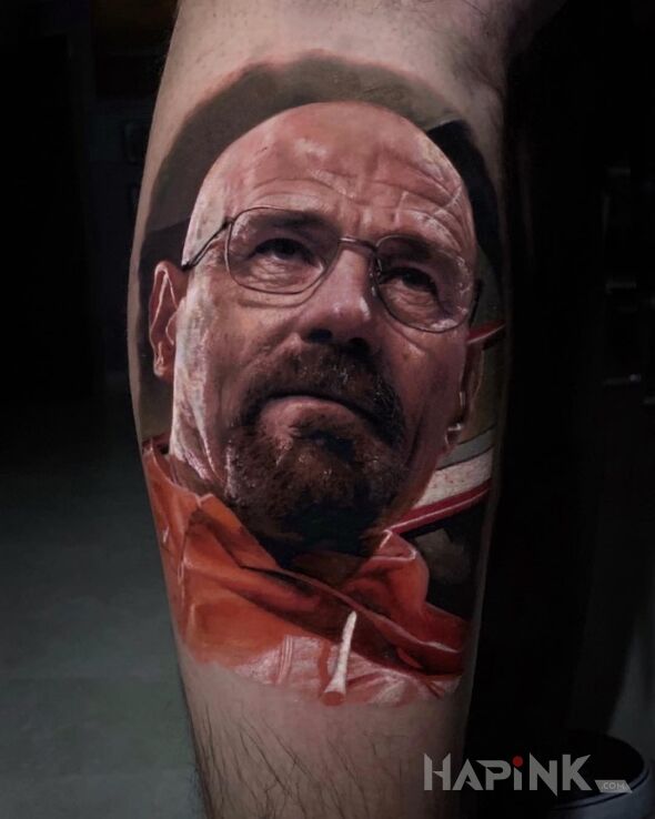 Tattoo Walter White in faces motif and realistic style on the calf