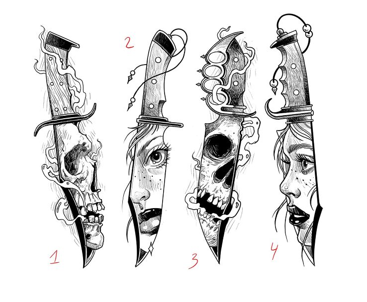 Wzór nóż  kastet  czaszka  kobieta - surrealistyczne