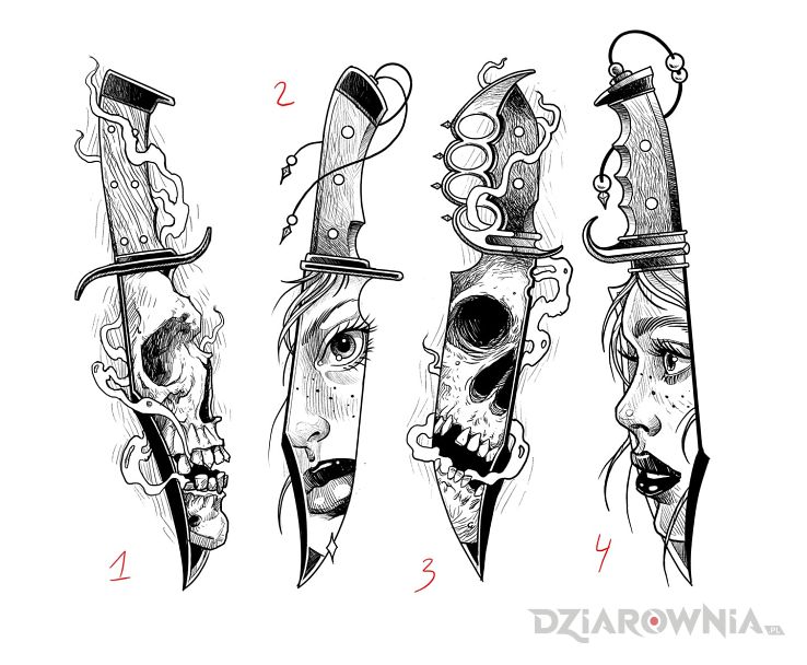 Wzór nóż  kastet  czaszka  kobieta - surrealistyczne