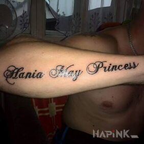 Tattoo Hania maj księżniczka haha on the forearm motif: lettering