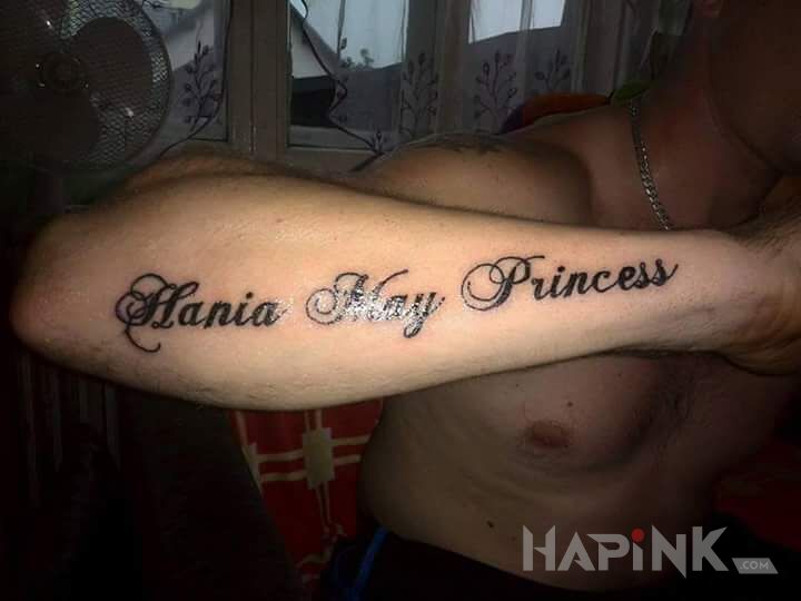 Tattoo Hania maj księżniczka haha in funny motif on the forearm