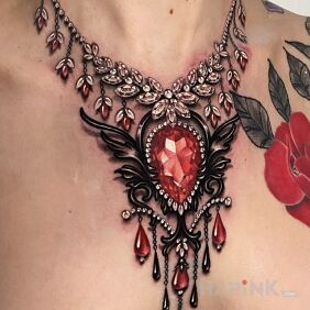 Tattoo Beautiful diamond necklace on the chest motif: 3D style: realistic
