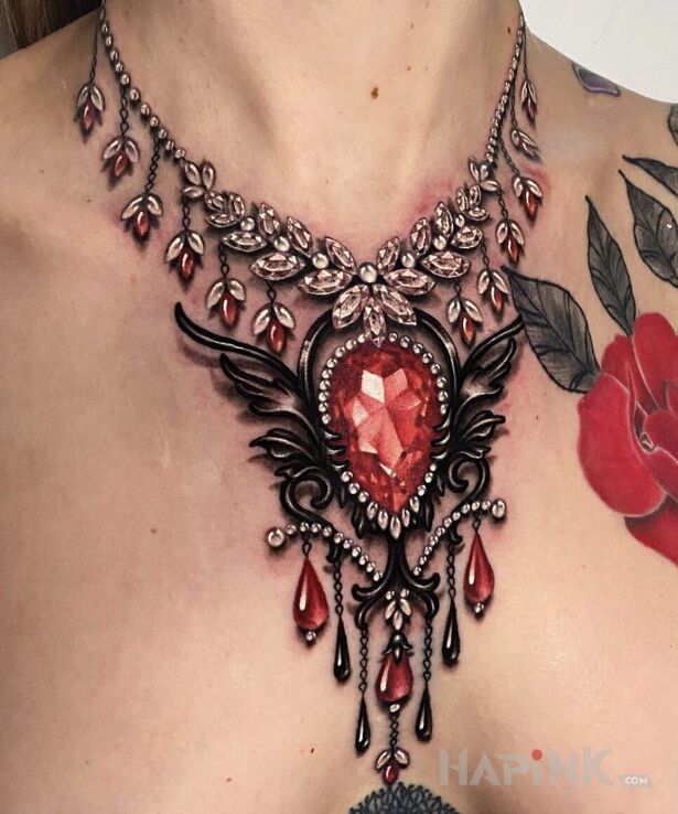 Tattoo Piękny naszyjnik z brylantami in 3D motif and realistic style on the neck