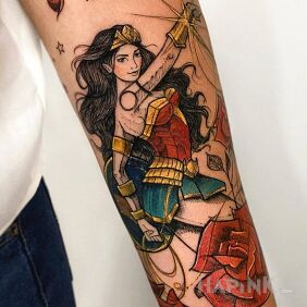 Tattoo Wonder Woman on the forearm motif: flowers style: graphic / illustrative