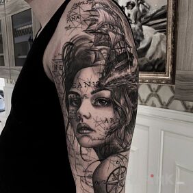 Tattoo Charts on the face on the upper arm motif: faces style: realistic