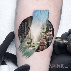 Tattoo Deer in the city on the forearm motif: colorful style: realistic