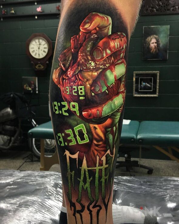 Tattoo Fate - przeznaczenie in colorful motif and realistic style on the calf