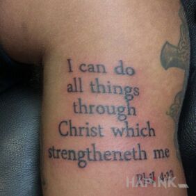 Tattoo Religious quote on the calf motif: lettering style: calligraphy